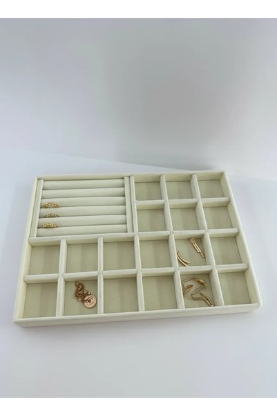 MeGass Dekor Domestic Production Baku Model Suede Cream Colored Drawer Jewelry Stand with Compartment and Drip
