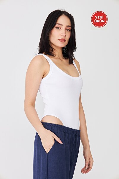 Distimi Strappy Corded Fabric Bodysuit Cotton White