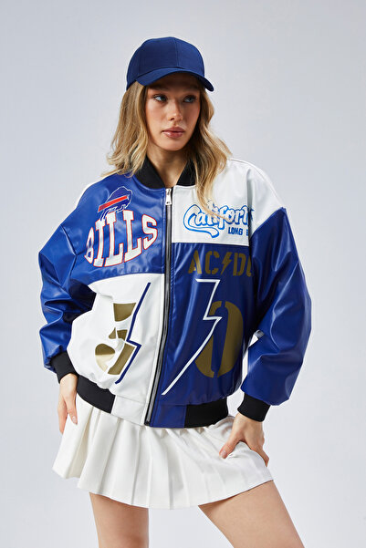 Black Level Kadın Oversize Baskılı Deri Motorcu Montu Fermuarlı Yarışçı Ceket...