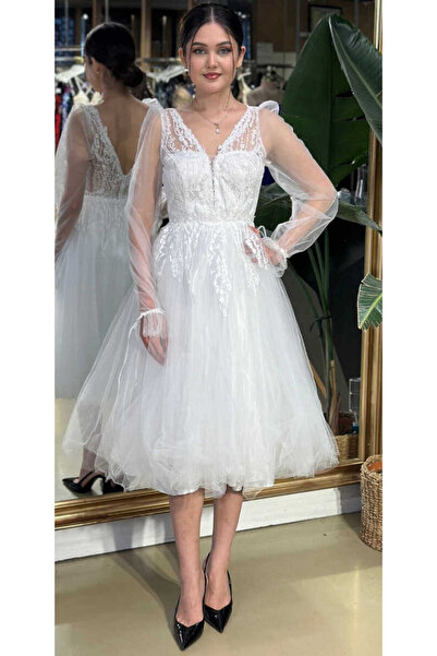 Abiyeniall Beyaz Uzun Kollu Dantel Detaylı Kloş Etekli Tül Midi Abiye Elbise ...