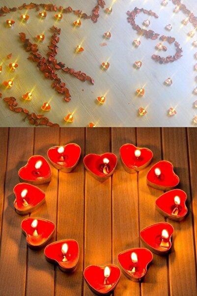 Parti dolabı 10 Kalpli Tealight Romantik Yer Mum + 350 Kuru Gül Yaprağı Roman...