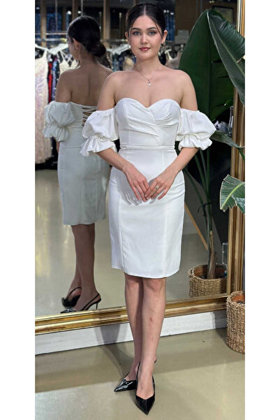 Abiyeniall Beyaz Balon Kollu Sırt Dekolteli Düz Kesim Krep Kısa Abiye Elbise ...