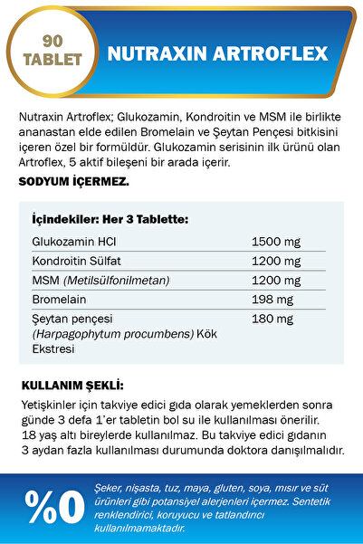 Nutraxin Artroflex 90 Adet Tablet - (Glukozamin-MSM-Kondroitin-Bromelain-Şeytan Pençesi)