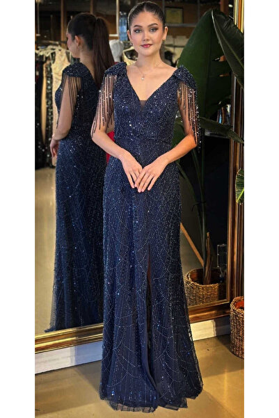 Abiyeniall Lacivert V Yaka Boncuk İşlemeli Yırtmaçlı Düz Kesim Likralı Payet ...