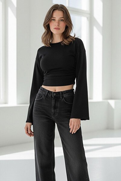 Madmext Black Crew Neck Side Gathered Wide Sleeve Women's Blouse Mg2628