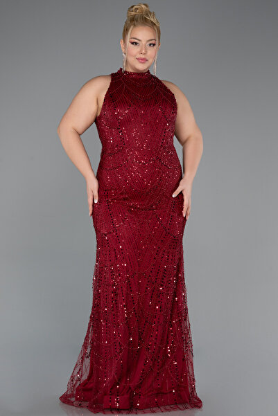 Abiyefon Bordo Halter Yaka Uzun Boncuklu Büyük Beden Abiye ABU5063