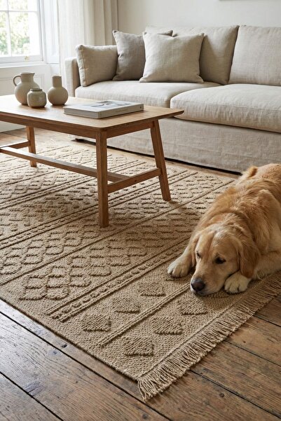 Cool Halı Rustika Bej Jüt Halı Bohem Rustik Etnik Desen Kaymaz Makine Dokuma ...