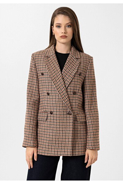 Antioch Kiremit Kadın Kazayağı Desenli Blazer Ceket