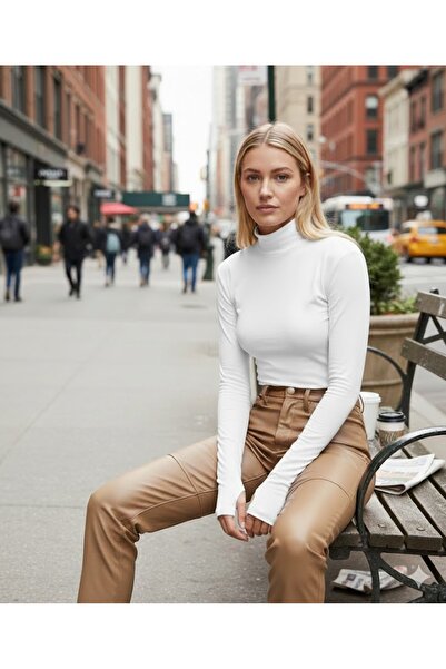 MADAM SHİLA White Darkalıp Slimfit Cotton Half Turtleneck Finger Detail Blous...