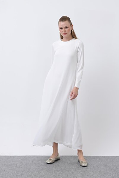 Puane Rochie lungă detaliată din șifon pentru femei - 12447ELB - ECRU