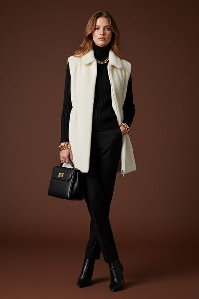 Puane Жіночий поясний плюшевий жилет з гумкою -15239YLK - ECRU