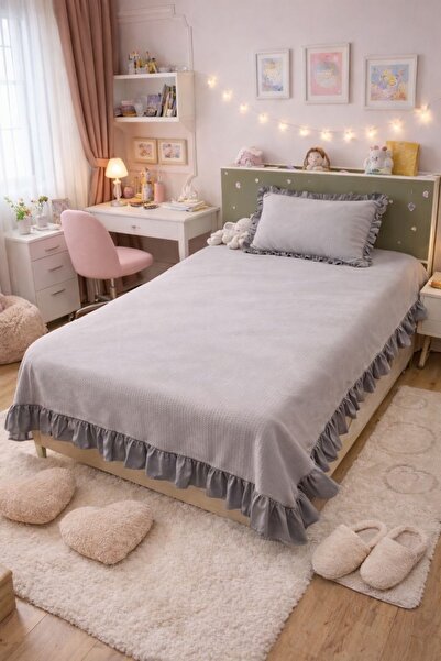 Pedimu Ruffle Detailed Knitted Pique Single Bedspread + Pillowcase (160×200 c...
