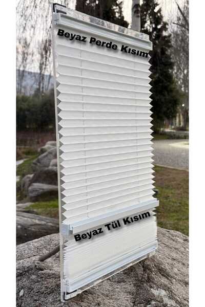 PerdoRa Home Beyaz Plise Beyaz Tül Çift Sistem Perde - Gece Gündüz Kullanım P...