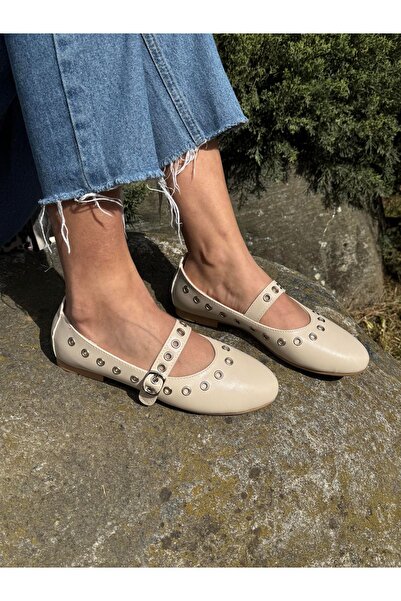 Liarca Women's Beige Leather-Look Eyelet Staple Detailed Mary Jane Comfortabl...