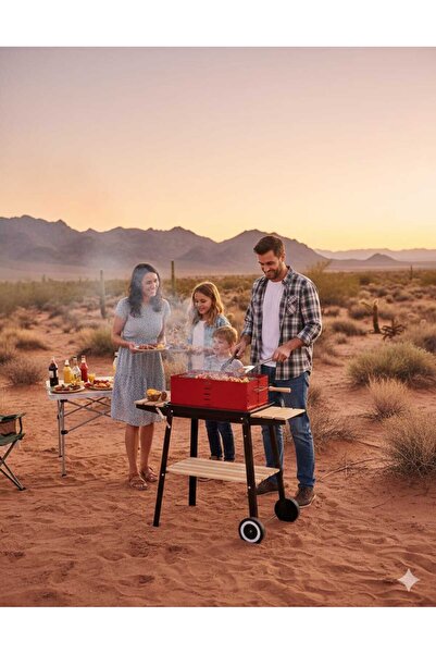 Generic شواية شواء مستطيلة من الفولاذ بأربعة أرجل وإطار ورف خشبي أحمر / أسود ...