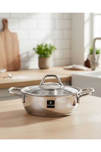 Sofram Turkish Soft Steel Low Cooking Pot with Glass Lid, 1 Liter Size, 16 cm