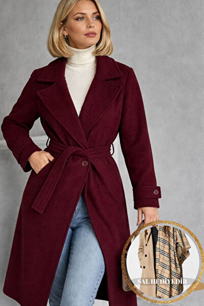 Neşeli Butik γυναικείο αστάρι μπορντό παλτό εισαγωγής NBG048