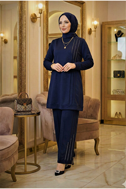 MR.MODAMİRA Kadın Lacivert Pamuk Viskon Pantolonlu Genç Anne Tarz Tesettür Ta...