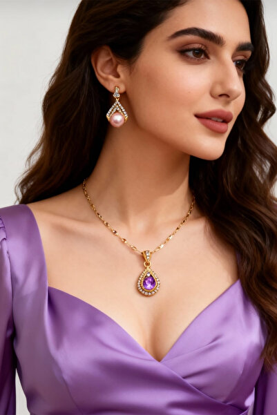 Ticen Su Damlası Mor Renk Kolye Ve Küpe Seti Çelik Malzeme