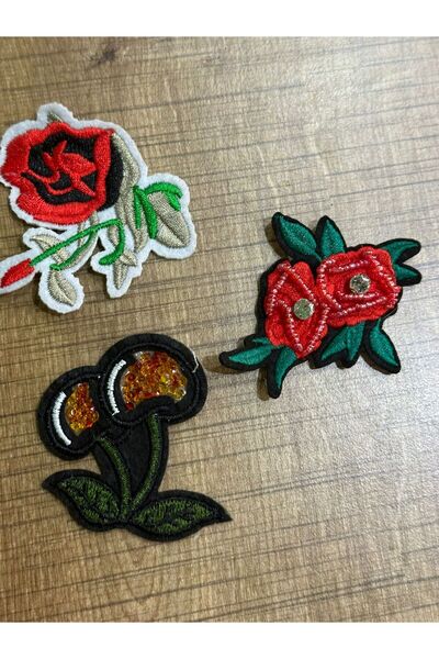 Gönülden Tasarım 3 Adet Ütü İle Yapışan Taş Boncuk İşleme Çiçekli Arma Set 6x...