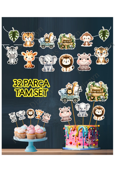 Hiras Dizayn Safari 32 Parça Safari Hayvanları Temalı Dev Set Doğum Günü Süsü...