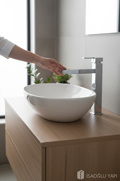 İSAOĞLU YAPI Çanak Lavabo Armatür Silver Gümüş Batarya Kare Yüksek Model Prem...