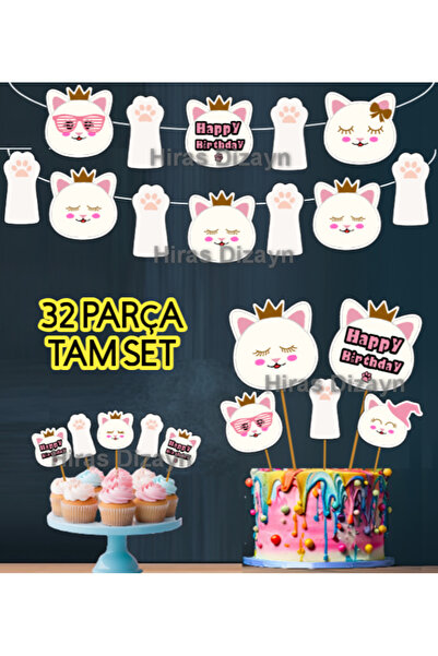 Hiras Dizayn 32 Parça Beyaz Sevimli Kedi Doğum Günü Seti Banner +Pasta Kürdan...