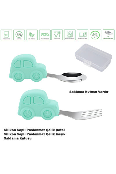 jojobebek Açık Yeşil Premium Çocuk BPA Free Silikon Saplı Paslanmaz Çelik Uçl...