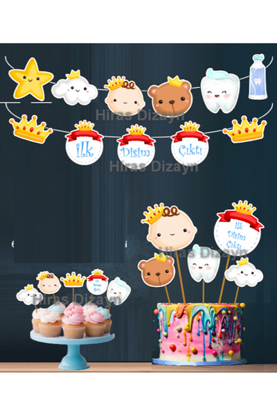 Hiras Dizayn 32Parça İlk Dişim Çıktı Erkek Diş Buğdayı Seti Banner Pasta Kürd...