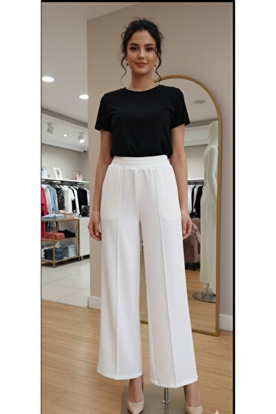 Dagü Design Kadın beli lastikli nervür detaylı relax scuba pantolon ekru