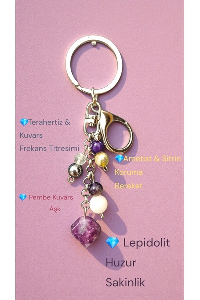 arzela Doğal Taş Anahtarlık, Bolluk Bereket Anahtarlığı,lepidolit Ametist ,pe...