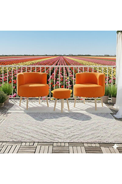 Yuems home Çay Seti (Turuncu Teddy Kumaş) İkili Koltuk Berjer ve Puf Takımı