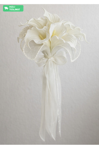 Bioren Gala Gelin Buketi Gelin Çiçeği İnci ve Uzun Saten Kurdele Detaylı Dama...