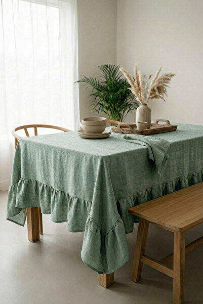 Morlay Romance |   Soft Ruffled Tablecloth - Vintage Grayish Sage Green Solid...