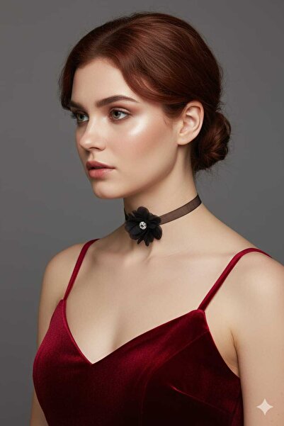 Esram Butik قلادة شوكر سوداء من الدانتيل مصنوعة يدويًا مع تفاصيل من حجر اللؤلؤ