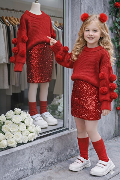 TREND NATURAL Kız Çocuk Bebek Kırmızı Ponponlu Kazak &Pullu Etek &Toka&Çorap ...