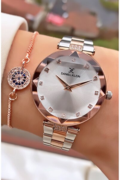 Daniel Klein ساعة يد نسائية من سلسلة خاصة باللون الفضي الوردي مقاومة للماء بض...