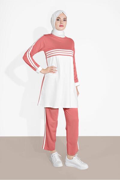 TRENDTESETTÜR KADIN PEMBE (S.KABUĞU) ÇİZGİLİ BİSİKLET YAKA EŞOFMAN TAKIM 5916