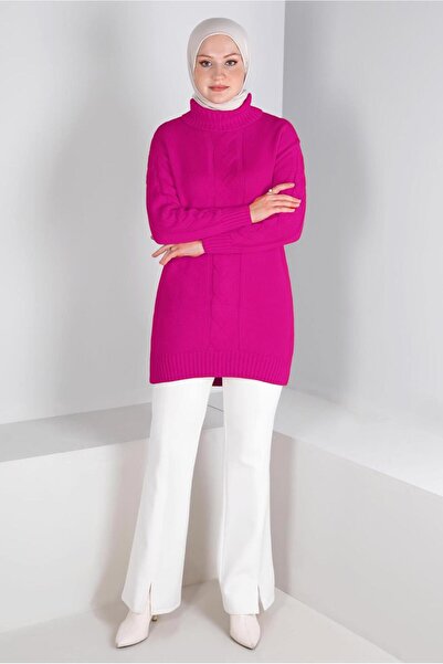 TRENDTESETTÜR KADIN FUŞYA ÖRGÜ DETAYLI BOĞAZLI TRİKO TUNİK 43119