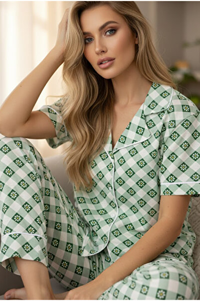 Siyah İnci yeşil papatya desenli Pamuklu Düğmeli Biyeli Örme Pijama Takım7886