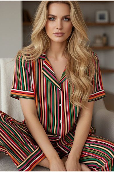 Siyah İnci renkli çizgi Desenli Kısa Kollu Düğmeli Pijama Takım7856