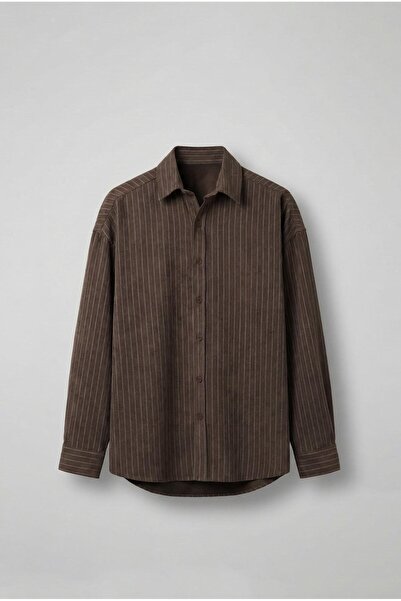 ablukaonline Pánská oversize košile s dlouhým rukávem a pruhy hnědá