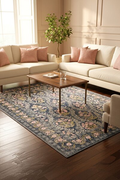 Cool Halı Daisy Kömür Mavisi Bohem Halı Makinede Yıkanan Çiçek Desenli Dokuma...