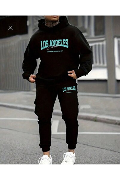Arwen Fashion Men's Black Los Angeles Kangaroo Pocket Hooded Tracksuit Set