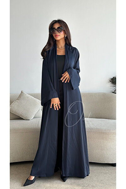 outline عباية صيفية كلوش بقماش حراير كحلي بارد بتصميم A Line بأكمام واسعة