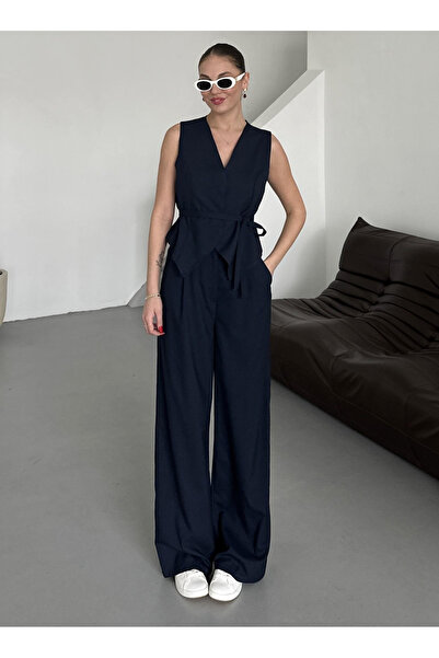 My Blog Set pantaloni vestă din țesătură Miranda albastru bleumarin - 8456