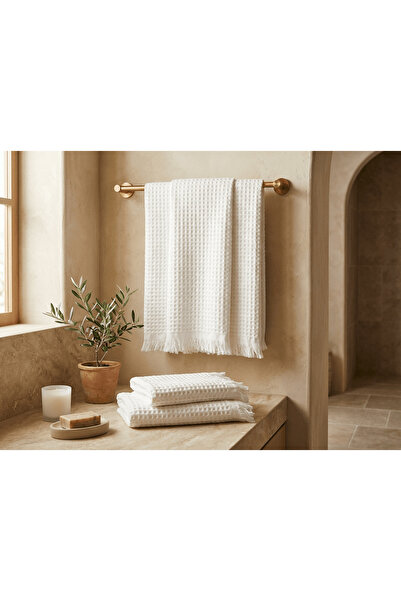 Monochrome % 100 Pamuk Waffle Dokuma 3 Parça Lüks Banyo Havlu Seti