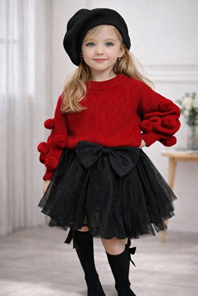 GÜL Baby Girl's Red Pompon Knitwear Sweater Black Tutu Skirt Beret and Socks ...