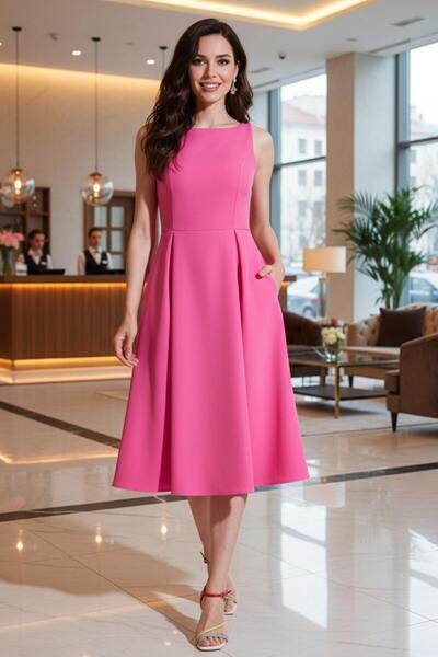 Lela Rochie midi plisată cu buzunare, cu decolteu rotund, cu croiala normală ...