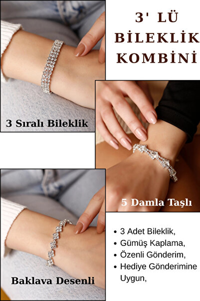 HUBANN Gümüş Kaplama Silver Damla Taşlı Su Yolu Bileklik Davet Düğün Nişan Ab...
